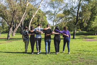 Rear view of a group of friends hugging while walking. Friendship and support concept