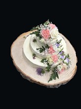 Wedding cake on a tree slice
