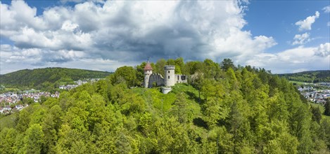 Aerial panorama of the Honburg castle ruins on the Honberg