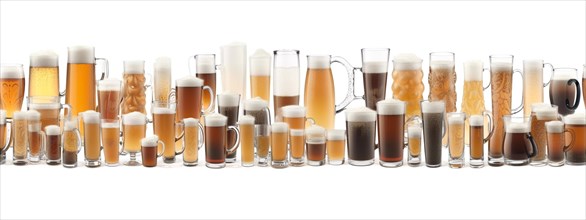 Seamless tileable rows of glasses and mugs of beer on a white background