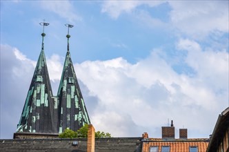 The spires of the church of St. Blasii in the historic old town of Quedlinburg