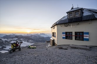 Matrashaus mountain hut at the summit of the Hochkoenig at sunset