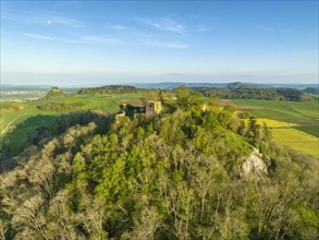Aerial view of the Hegau volcano and the ruins of Maegdeberg Castle