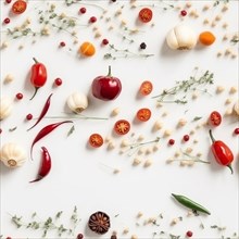 Truly seamless tile of overhead photograph of A variety of vegetables and spices