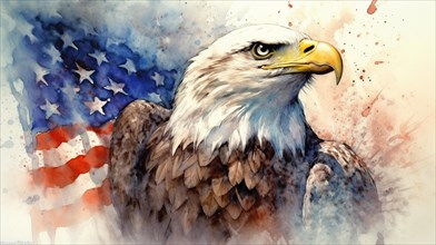 Watercolor of american bald eagle over an american flag abstract background