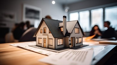 Small model house resting on real estate documents as buyers discuss their agreement