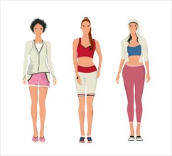 Set of stylish young women dressed in sports