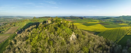 Aerial panorama of the Hegau volcano and the ruins of Maegdeberg Castle