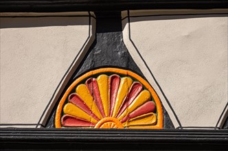 Fan rosettes on historic half-timbered architecture in the town centre of Bad Frankenhausen