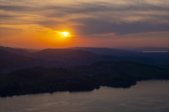 Aerial View over Lake Lucerne and Mountain in Sunset in Lucerne