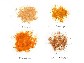 Many spices including Ginger Curry Turmeric and Chili Pepper over white