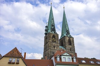 The towers of the parish church of St. Nikolai in the historic new town of Quedlinburg