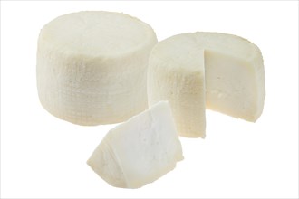 Two heads of goat cheese whole and cut isolated on white background