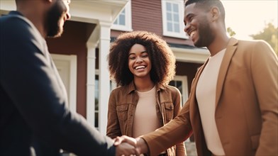 Young adult african american couple shaking hands with their real estate agent in front of A new house