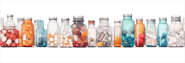 Seamless tileable rows of medicine and drug bottles with pills on a white background