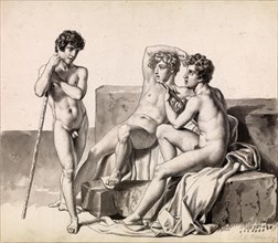 Three young naked boys standing or sitting between stone blocks