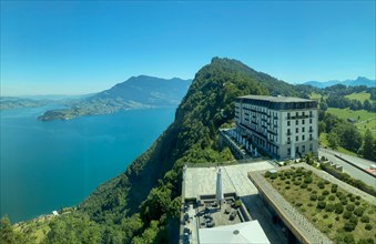 View over Hotel Palace and Lake Lucerne and Mountain in a Sunny Summer Day in Burgenstock