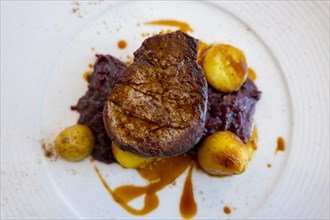 Beef Steak with Potato and Red Cabbage on a White Plate in Switzerland