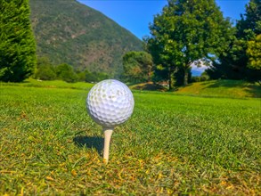 Golf Ball on Tee on the Fairway with Trees and Mountain in Switzerland