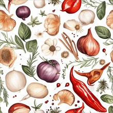 Truly seamless tile of overhead illustration of A variety of vegetables and spices