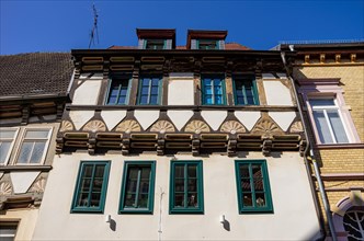 Fan rosettes and ship's fillets on historic half-timbered architecture in the Kraeme of Bad Frankenhausen