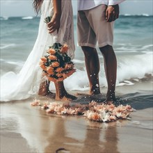 Multi-skinned bride and groom holding a bouquet of flowers in a tropical setting by the sea