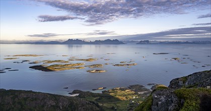 View of sea with archipelago islands from Svellingsflaket and mountains