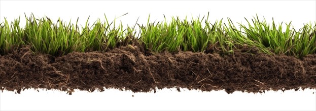 Seamless tileable row of fresh grass and soil on a white background
