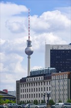 Berlin TV Tower at Alexanderplatz seen from the banks of the river Spree in the government district