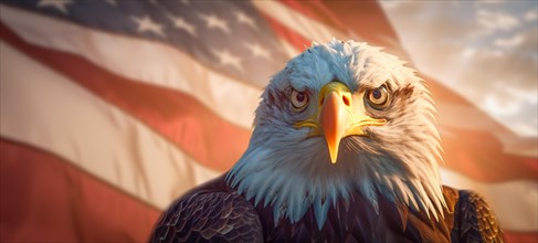 Close-up of an american bald eagle head over an american flag abstract background