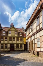 View through narrow alleys in the Finkenherd in the old town of Quedlinburg