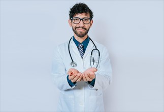 Doctor with hands together and empty. Hands of young doctor presenting something empty-handed. Doctor holding something in his hands isolated
