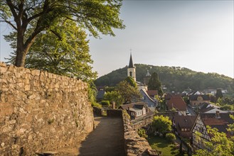 The medieval town of Lindenfels in the Odenwald with Protestant church and town fortifications