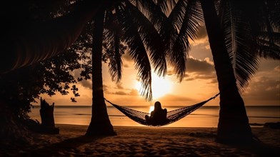 Peaceful tropical sunset scene with woman relaxing in a hammock