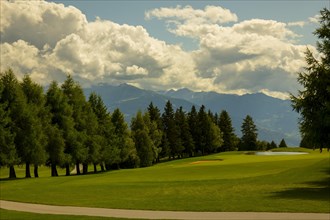 Crans Sur Sierre Golf Course with House and Mountain View in Crans Montana in Valais
