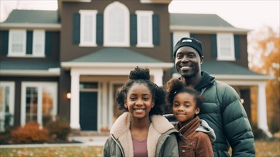 Happy african american young family proudly standing in front of their new house