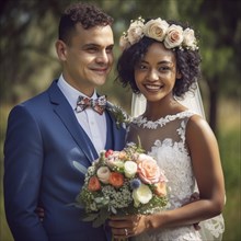 Wedding couple of different skin colors