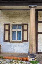 Window and column on the heritage-protected half-timbered building of the Neustaedter Wache