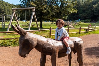 A boy playing on the wooden horse