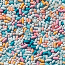 Seamless tile overhead photo of A variety of presciption pills and drugs