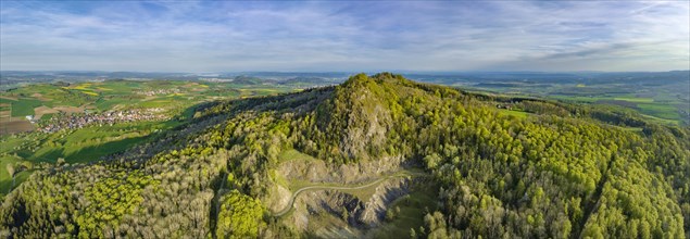Aerial panorama of the former basalt quarry at the Hegau volcano Hohenstoffeln