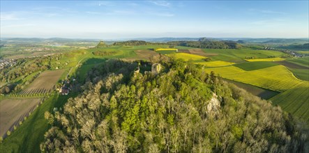 Aerial panorama of the Hegau volcano and the ruins of Maegdeberg Castle
