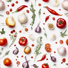 Truly seamless tile of overhead photograph of A variety of vegetables and spices