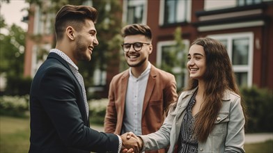 Young adult couple shaking hands with their real estate agent in front of A new house