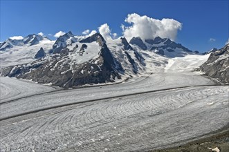 View from the Konkordiahuette over the mighty ice streams of the Aletsch Glacier on the Konkordiaplatz towards Jungfraufirn