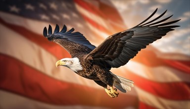 American bald eagle in flight with an american flag abstract background
