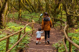 Mother and son next to trees with moss on a trekking in the natural park of Garajonay in La Gomera