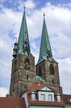 The towers of the parish church of St. Nikolai in the historic new town of Quedlinburg