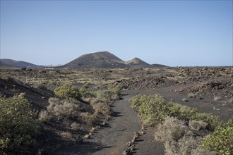 View of mountain range with volcanoes in Timanfaya National Park