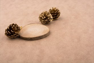 Pine cones on a piece of cut wood on a light brown background